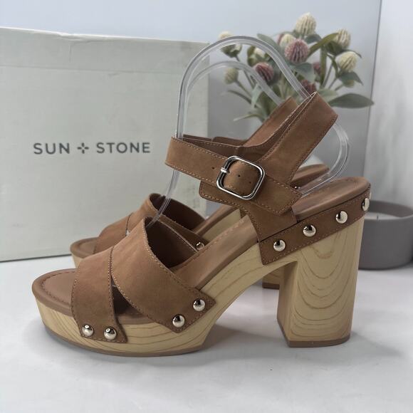 Sun + Stone Shoes - Sun + Stone Delestep Faux Leather Ankle Strap Block Heels Cognac Womens 10M NWB